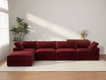 Deluxe Cloud 4-Seater Claret Sofa Set | 5-Piece (Includes 1 Ottoman), Velvet Fabric, Washable Cushion Covers