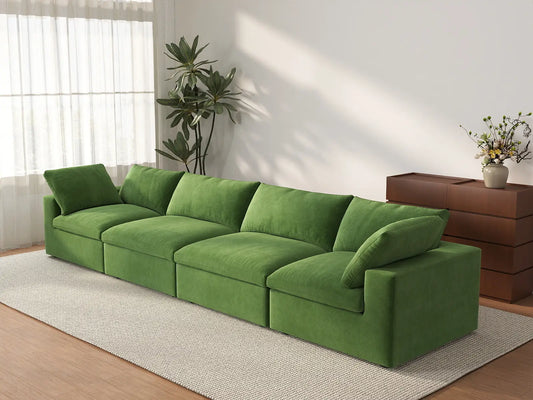 Deluxe Cloud 4-Seater Couch Sectional in Earth Green Velvet | 4-Piece, Living Room Seating, Easy To Clean, Modular Design
