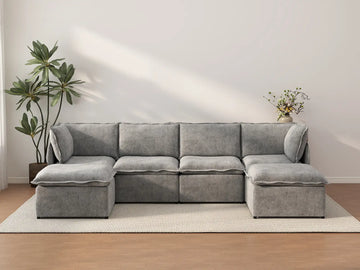 Deluxe Cloud 4-Seater Grey Large Space U-Shaped Sectional | 6-Piece (Includes 2 Ottomans), Linen Look Poly Fabric, Easy To Clean