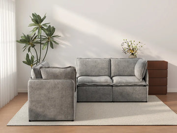 Deluxe Cloud 4-Seater Grey Large Space V-Shaped Sectional | 5-Piece (Includes 1 Ottoman), Linen Look Poly Fabric, Easy To Clean