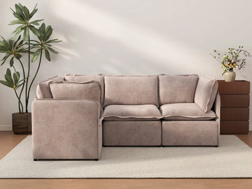 Deluxe Cloud 4-Seater Khaki L-Shaped Sectional | 4-Piece, Linen Look Poly Fabric, Washable Cushion Covers