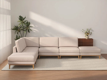 Deluxe Cloud 4-Seater Khaki L-Shaped Sectional | 6-Piece (Includes 2 Ottomans), Linen Look Poly Fabric, Washable Cushion Covers
