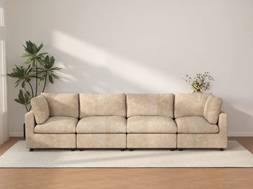 Deluxe Cloud 4-Seater Khaki Large Space Couch Sectional | 4-Piece, Linen-Blend Chenille Fabric, Easy To Clean