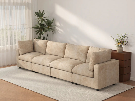 Sofá Seccional Grande de 4 Plazas Cloud Deluxe Color Caqui | De 4 Piezas, Tela Chenille de Mezcla de Lino, Fácil de Limpiar