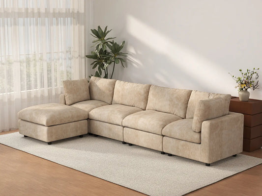 Deluxe Cloud 4-Seater Khaki Large Space L-Shaped Sectional | 5-Piece (Includes 1 Ottoman), Linen-Blend Chenille Fabric, Easy To Clean