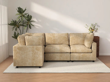 Deluxe Cloud 4-Seater Khaki Large Space L-Shaped Sectional | 4-Piece, Linen-Blend Chenille Fabric, Easy To Clean