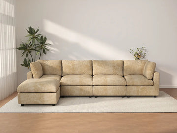 Deluxe Cloud 4-Seater Khaki Large Space L-Shaped Sectional | 5-Piece (Includes 1 Ottoman), Linen-Blend Chenille Fabric, Easy To Clean