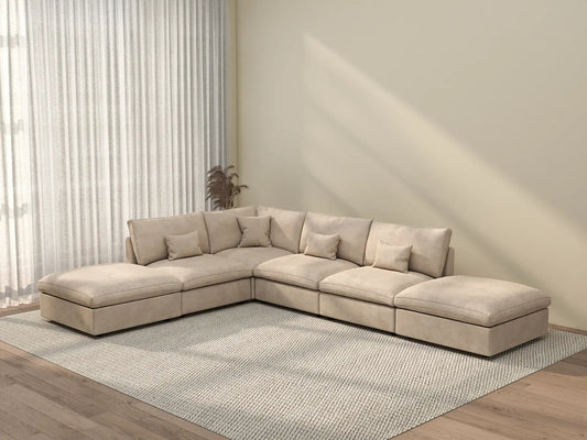 Deluxe Cloud 4-Seater Khaki Large Space Pit Sectional | 6-Piece (Includes 2 Ottomans), Chenille And Linen Fabric, Easy To Clean