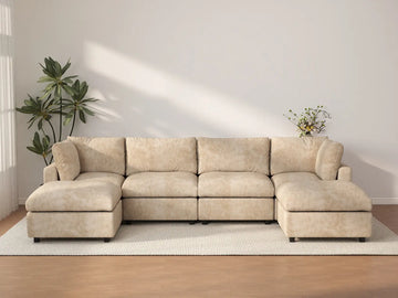 Deluxe Cloud 4-Seater Khaki Large Space U-Shaped Sectional | 6-Piece (Includes 2 Ottomans), Linen-Blend Chenille Fabric, Easy To Clean