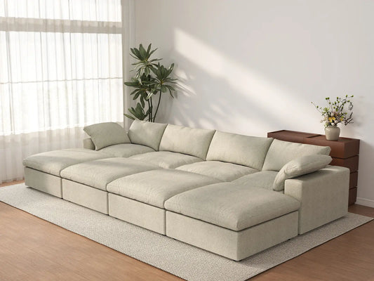 Deluxe Cloud 4-Seater Khaki Pit Sectional | 8-Piece (Includes 4 Ottomans), Cotton And Linen Fabric, Family Room Seating, Washable Cushion Covers