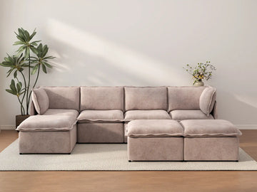 Deluxe Cloud 4-Seater Khaki Sofa Set | 7-Piece (Includes 3 Ottomans), Linen Look Poly Fabric, Washable Cushion Covers