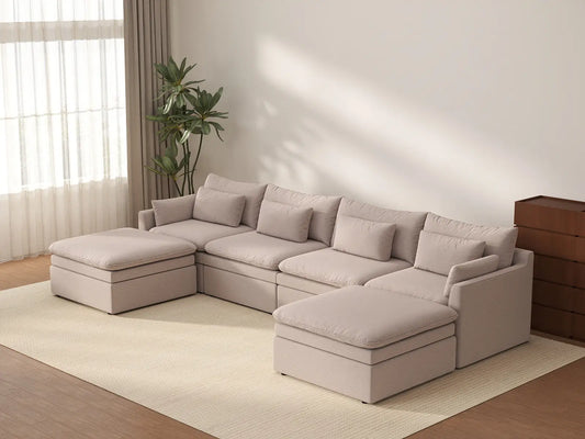 Deluxe Cloud 4-Seater Khaki U-Shaped Sectional | 6-Piece (Includes 2 Ottomans), Linen Look Poly Fabric, Washable Cushion Covers