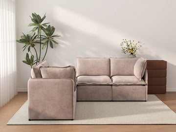Deluxe Cloud 4-Seater Khaki V-Shaped Sectional | 5-Piece (Includes 1 Ottoman), Linen Look Poly Fabric, Washable Cushion Covers