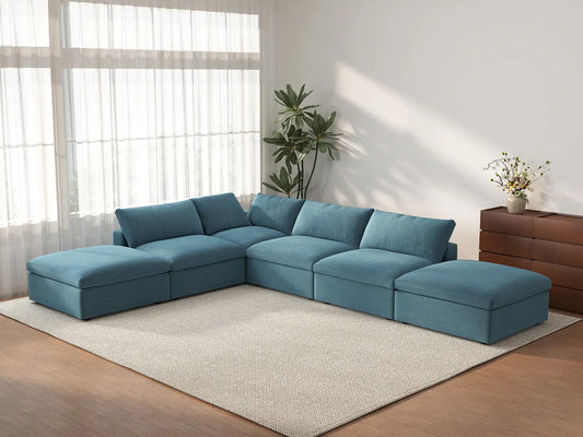 Deluxe Cloud 4-Seater Light Blue Sofa Set | 6-Piece (Includes 2 Ottomans), Velvet Fabric, Washable Cushion Covers