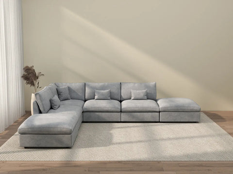 Deluxe Cloud 4-Seater Light Grey Large Space Pit Sectional | 6-Piece (Includes 2 Ottomans), Chenille And Linen Fabric, Easy To Clean
