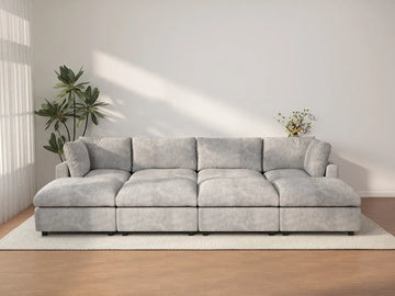 Seccional en L Deluxe Cloud de 4 plazas gris claro | 8 piezas (incluye 4 otomanas), tela de chenilla con mezcla de lino, fundas de cojín lavables