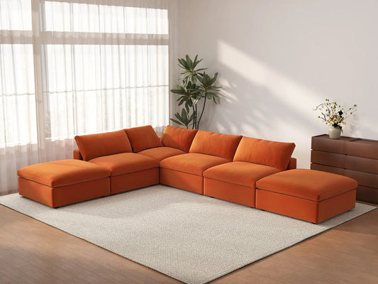Deluxe Cloud 4-Seater Orange Sofa Set | 6-Piece (Includes 2 Ottomans), Velvet Fabric, Washable Cushion Covers