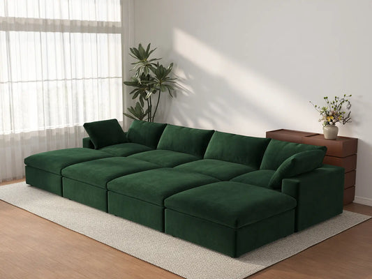Deluxe Cloud 4-Seater Pit Sectional in Olive Green Velvet | 8-Piece (Includes 4 Ottomans), Family Room Seating, Easy To Clean, Contemporary Style