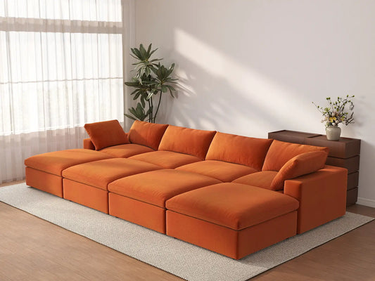 Deluxe Cloud 4-Seater Pit Sectional in Orange Velvet | 8-Piece (Includes 4 Ottomans), Family Room Seating, Easy To Clean, Modular Design