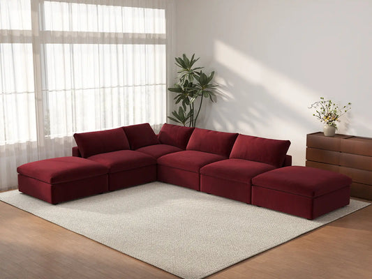 Deluxe Cloud 4-Seater Sofa Set in Claret Velvet | 6-Piece (Includes 2 Ottomans), Easy To Clean, Large Space