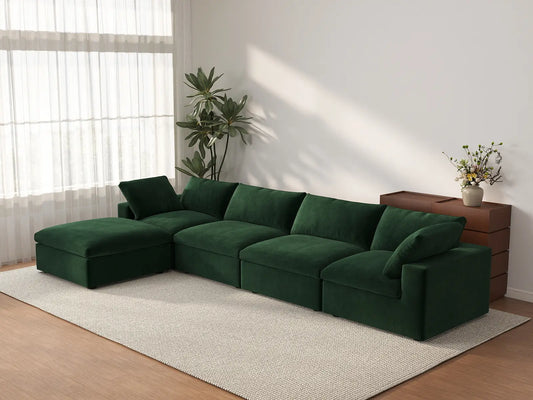 Deluxe Cloud 4-Seater Sofa Set in Olive Green Velvet | 5-Piece (Includes 1 Ottoman), Easy To Clean, Large Space