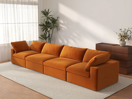 Deluxe Cloud 4-Seater Terracotta Couch Sectional | 4-Piece, Velvet Fabric, Living Room Seating, Washable Cushion Covers