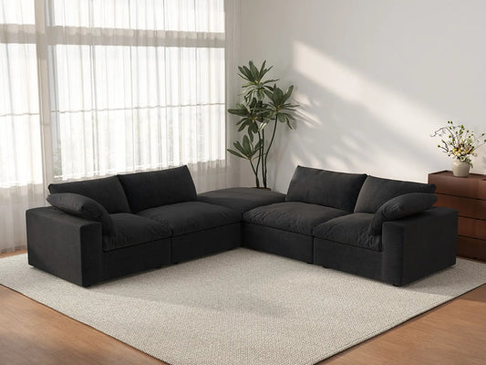 Deluxe Cloud 4-Seater V-Shaped Sectional in Black Cotton And Linen | 5-Piece (Includes 1 Ottoman), Living Room Seating, Easy To Clean, Modular Design