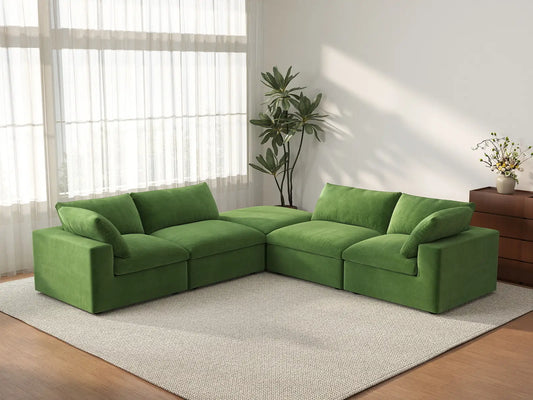 Deluxe Cloud 4-Seater V-Shaped Sectional in Earth Green Velvet | 5-Piece (Includes 1 Ottoman), Living Room Seating, Easy To Clean, Modern Style