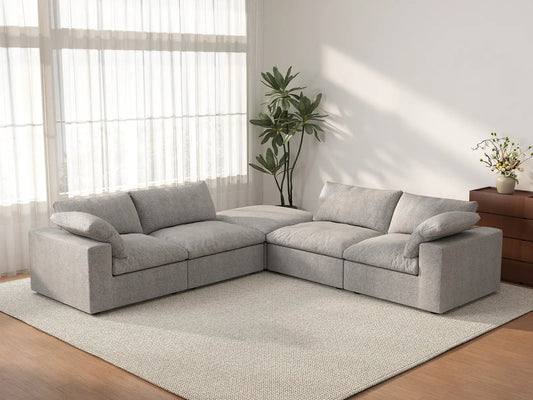 Deluxe Cloud 4-Seater V-Shaped Sectional in Light-Grey Cotton And Linen | 5-Piece (Includes 1 Ottoman), Living Room Seating, Easy To Clean, Contemporary Style