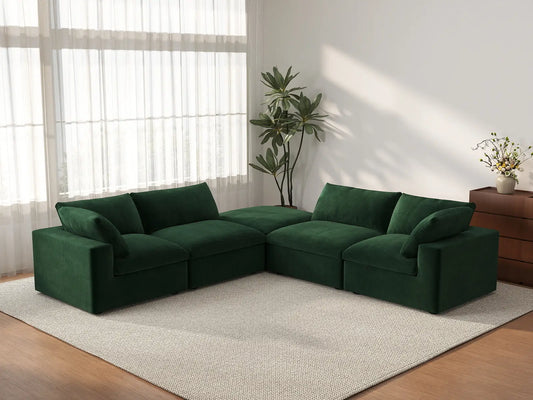 Deluxe Cloud 4-Seater V-Shaped Sectional in Olive Green Velvet | 5-Piece (Includes 1 Ottoman), Living Room Seating, Easy To Clean, Contemporary Style
