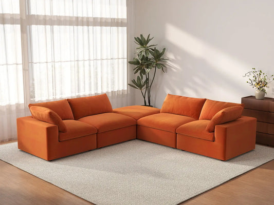 Deluxe Cloud 4-Seater V-Shaped Sectional in Orange Velvet | 5-Piece (Includes 1 Ottoman), Living Room Seating, Easy To Clean, Modular Design