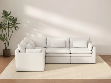 Deluxe Cloud 4-Seater White Large Space L-Shaped Sectional | 4-Piece, Linen Look Poly Fabric, Easy To Clean