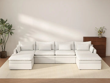Deluxe Cloud 4-Seater White Large Space U-Shaped Sectional | 6-Piece (Includes 2 Ottomans), Linen Look Poly Fabric, Easy To Clean
