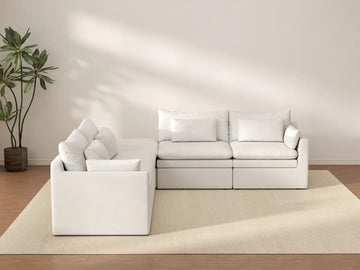 Deluxe Cloud 4-Seater White Large Space V-Shaped Sectional | 5-Piece (Includes 1 Ottoman), Linen Look Poly Fabric, Easy To Clean