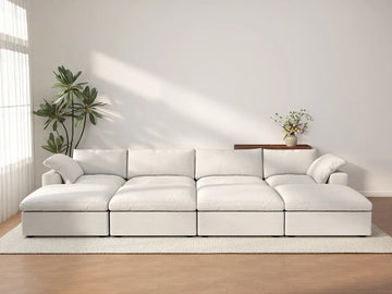 Deluxe Cloud 4-Seater White Pit Sectional | 8-Piece (Includes 4 Ottomans), Cotton And Linen Fabric, Family Room Seating, Washable Cushion Covers