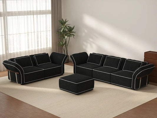 Deluxe Cloud 5-Seater Black Large Space L-Shaped Sectional | 6-Piece (Includes 1 Ottoman), Bouclé Sherpa-Like Fabric, Easy To Clean