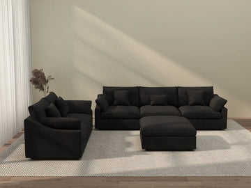 Deluxe Cloud 5-Seater Black Pit Sectional | 6-Piece (Includes 1 Ottoman), Chenille And Linen Fabric, Washable Cushion Covers