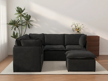 Deluxe Cloud 5-Seater Black Sofa Set | 6-Piece (Includes 1 Ottoman), Linen Look Poly Fabric, Washable Cushion Covers