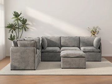 Deluxe Cloud 5-Seater Grey Large Space Sofa Set | 6-Piece (Includes 1 Ottoman), Linen Look Poly Fabric, Easy To Clean