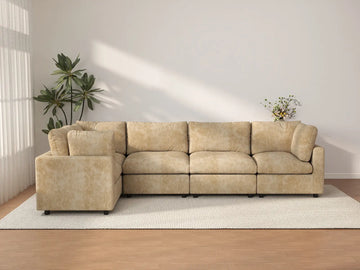 Deluxe Cloud 5-Seater Khaki Large Space L-Shaped Sectional | 5-Piece, Linen-Blend Chenille Fabric, Easy To Clean