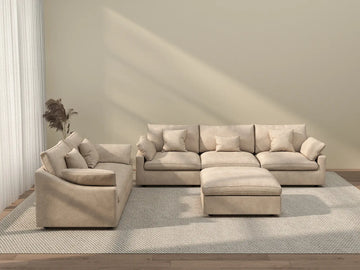 Deluxe Cloud 5-Seater Khaki Large Space Pit Sectional | 6-Piece (Includes 1 Ottoman), Chenille And Linen Fabric, Easy To Clean