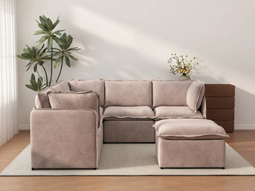Deluxe Cloud 5-Seater Khaki Sofa Set | 6-Piece (Includes 1 Ottoman), Linen Look Poly Fabric, Washable Cushion Covers
