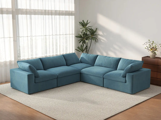 Deluxe Cloud 5-Seater Light Blue V-Shaped Sectional | 5-Piece, Velvet Fabric, Living Room Seating, Washable Cushion Covers