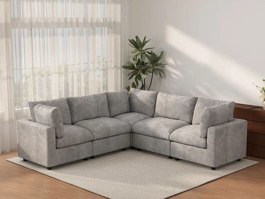 Deluxe Cloud 5-Seater Light Grey V-Shaped Sectional | 5-Piece, Linen-Blend Chenille Fabric, Washable Cushion Covers