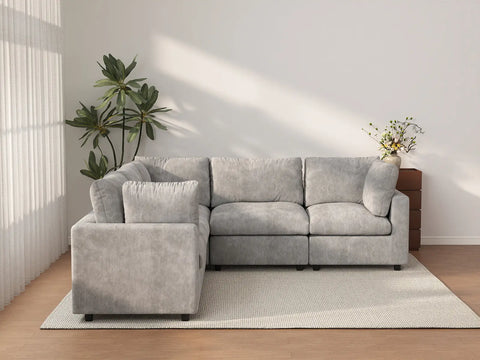 Sofá Seccional en Forma de V de 5 Plazas Deluxe Cloud, Gris Claro | 5 Piezas, Tela de Chenilla con Mezcla de Lino, Fundas de Cojín Lavables