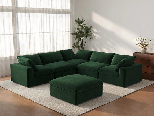 Deluxe Cloud 5-Seater Sofa Set in Olive Green Velvet | 6-Piece (Includes 1 Ottoman), Living Room, Easy To Clean, Modern Style