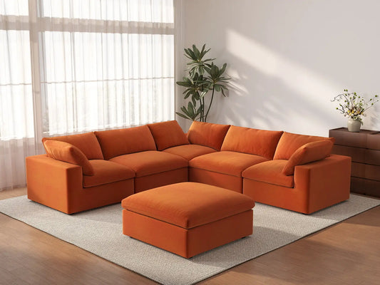 Deluxe Cloud 5-Seater Sofa Set in Orange Velvet | 6-Piece (Includes 1 Ottoman), Living Room, Easy To Clean, Large Space
