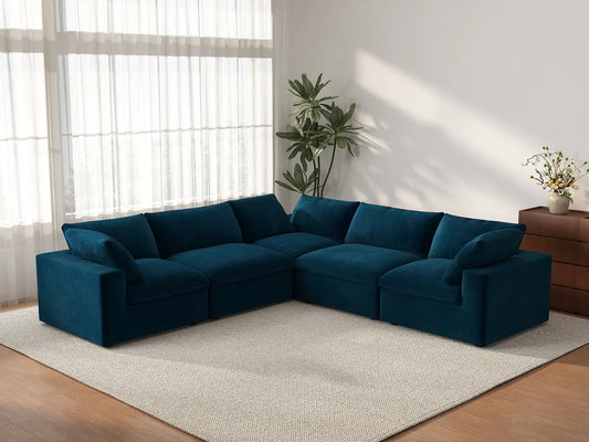 Deluxe Cloud 5-Seater V-Shaped Sectional in Dark Blue Velvet | 5-Piece, Living Room Seating, Easy To Clean, Large Space