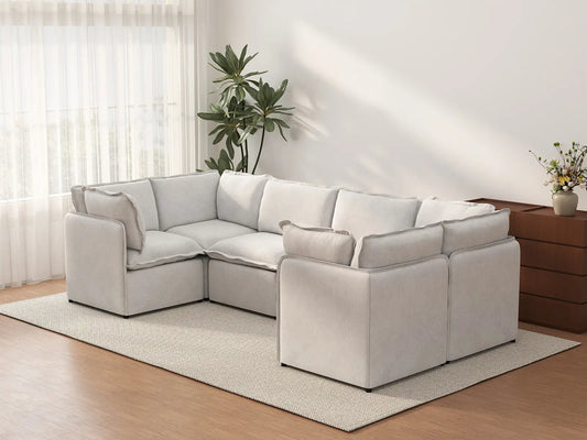 Deluxe Cloud 6-Seater Beige Large Space U-Shaped Sectional | 6-Piece, Linen Look Poly Fabric, Easy To Clean