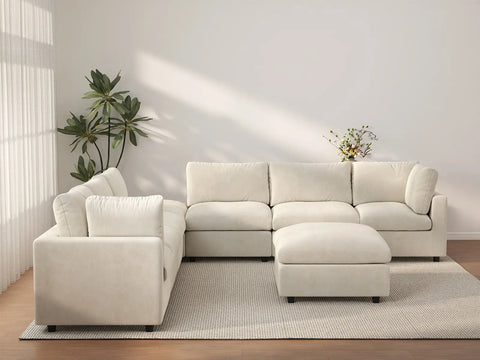 Sofá Seccional Nube Deluxe de 6 Plazas Beige | 8 piezas (incluye 2 otomanas), tela de chenilla mezcla de lino, fácil de limpiar